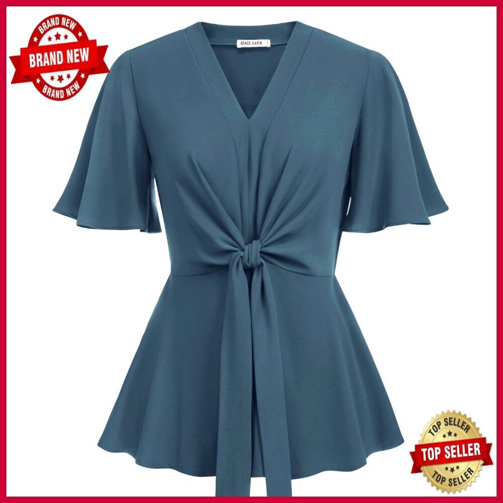 Slim Fit Peplum Top V Neck Bell Sleeve Blouse Elastic Waist